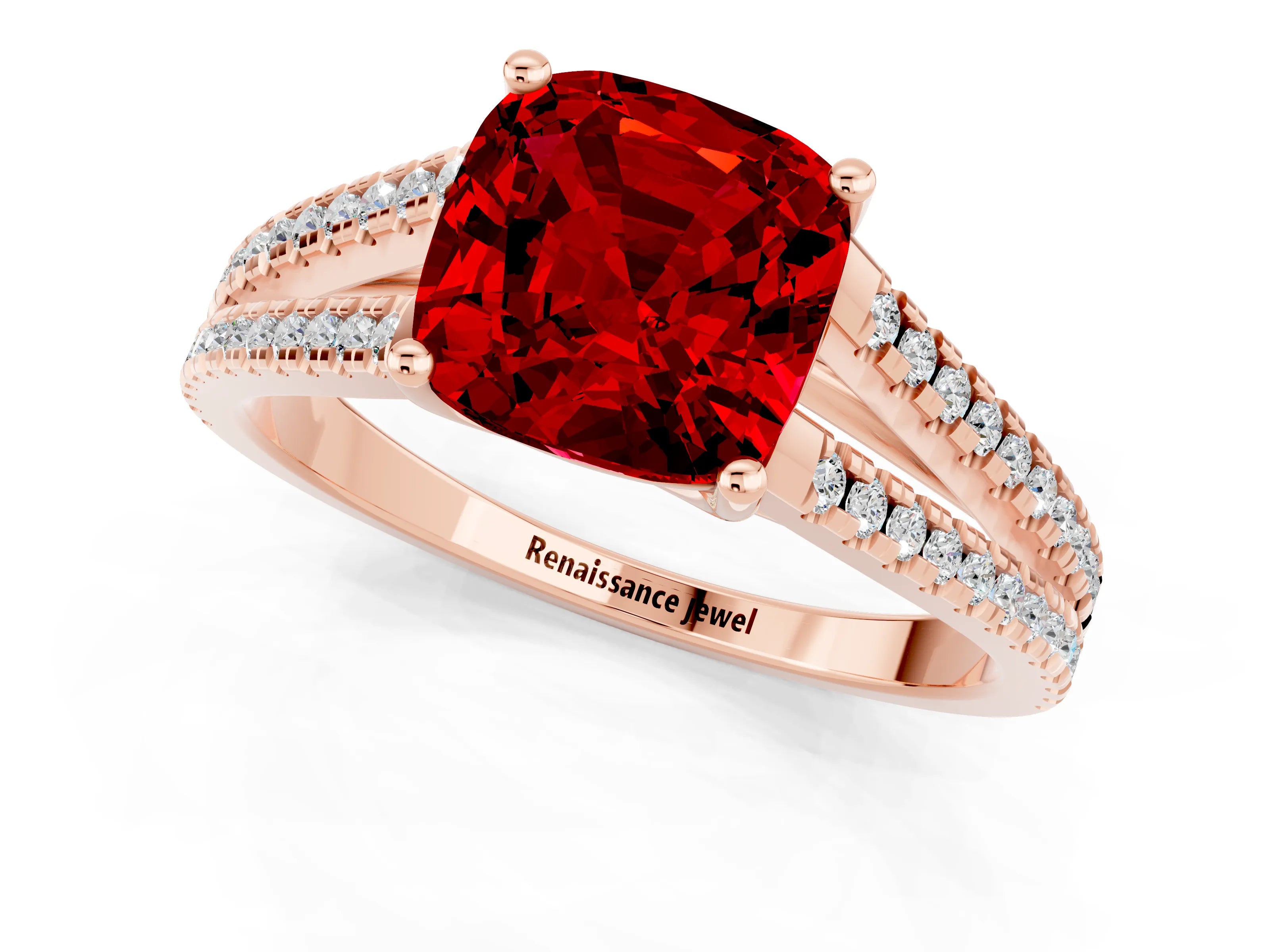 Rose gold Cushion Cut Ruby Solitaire Engagement Ring with Split Shank Pavé Band_1