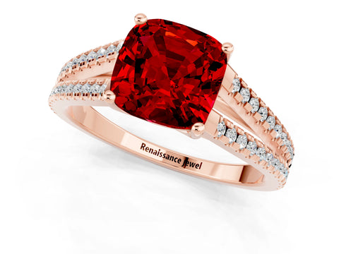 Rose gold Cushion Cut Ruby Solitaire Engagement Ring with Split Shank Pavé Band_1