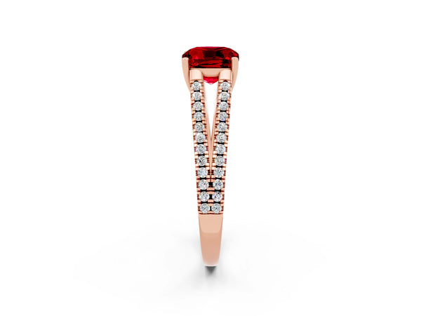 Rose gold Cushion Cut Ruby Solitaire Engagement Ring with Split Shank Pavé Band