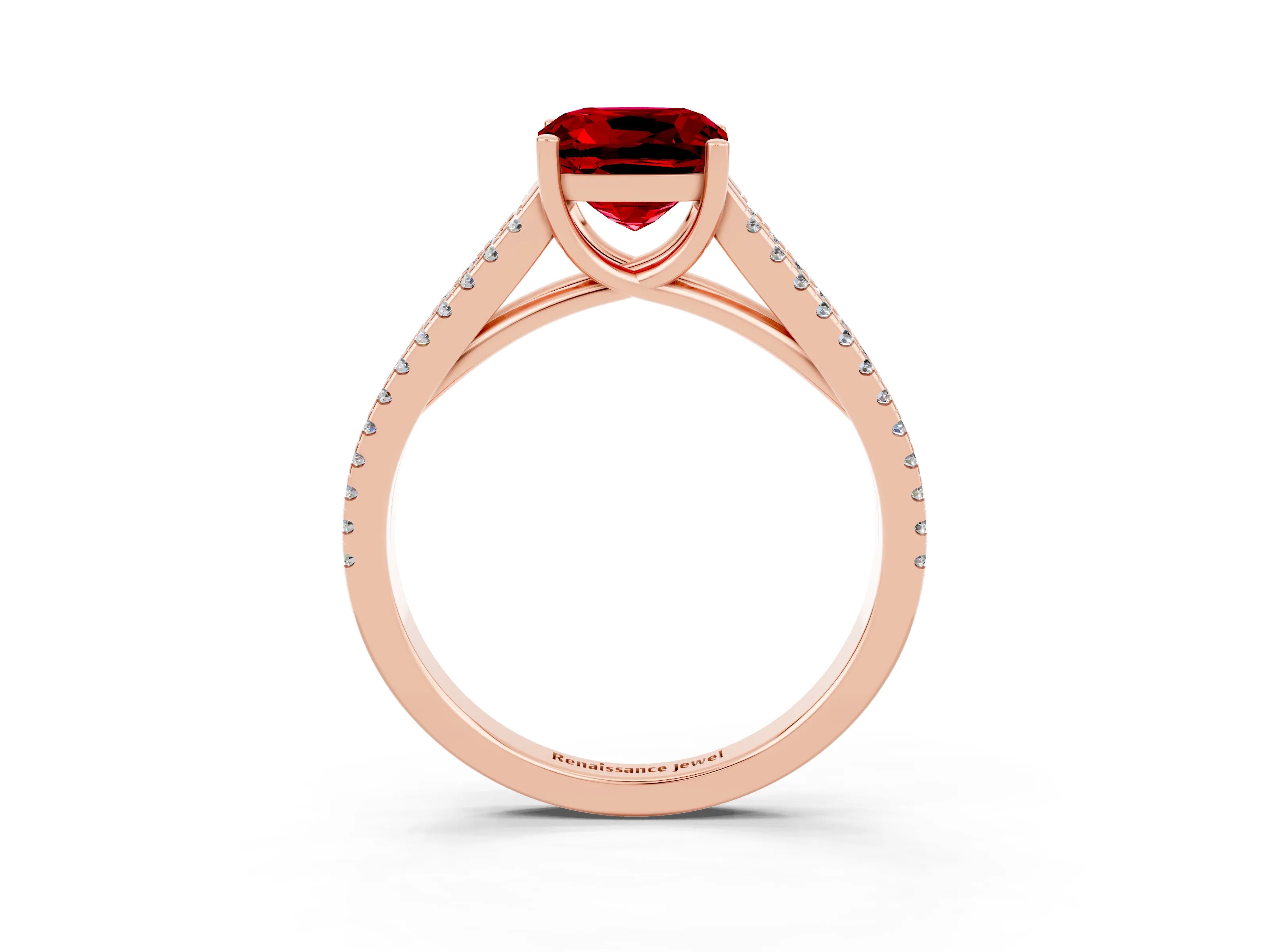 Rose gold Cushion Cut Ruby Solitaire Engagement Ring with Split Shank Pavé Band_3