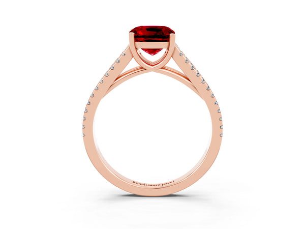 Rose gold Cushion Cut Ruby Solitaire Engagement Ring with Split Shank Pavé Band