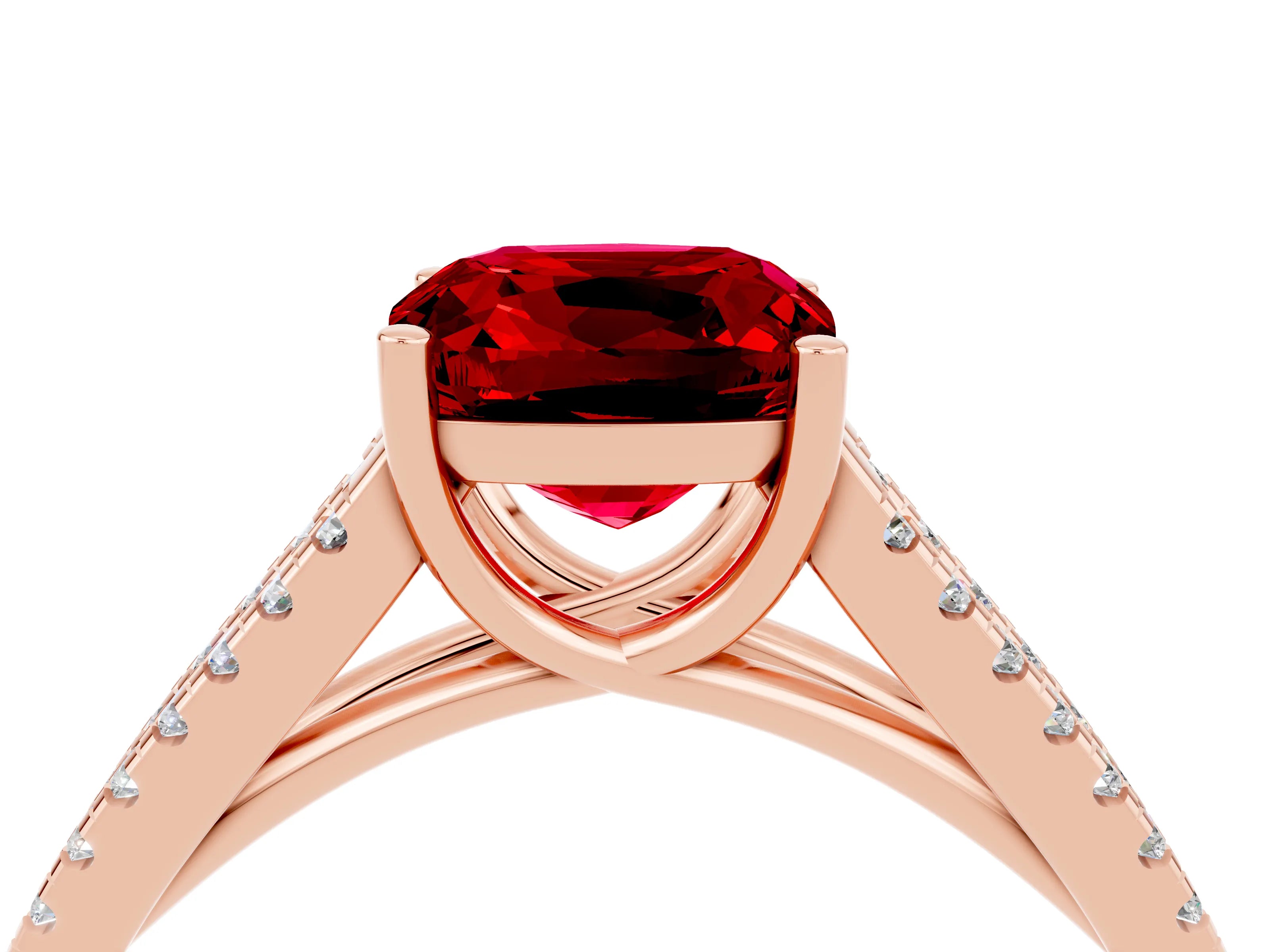 Rose gold Cushion Cut Ruby Solitaire Engagement Ring with Split Shank Pavé Band_4
