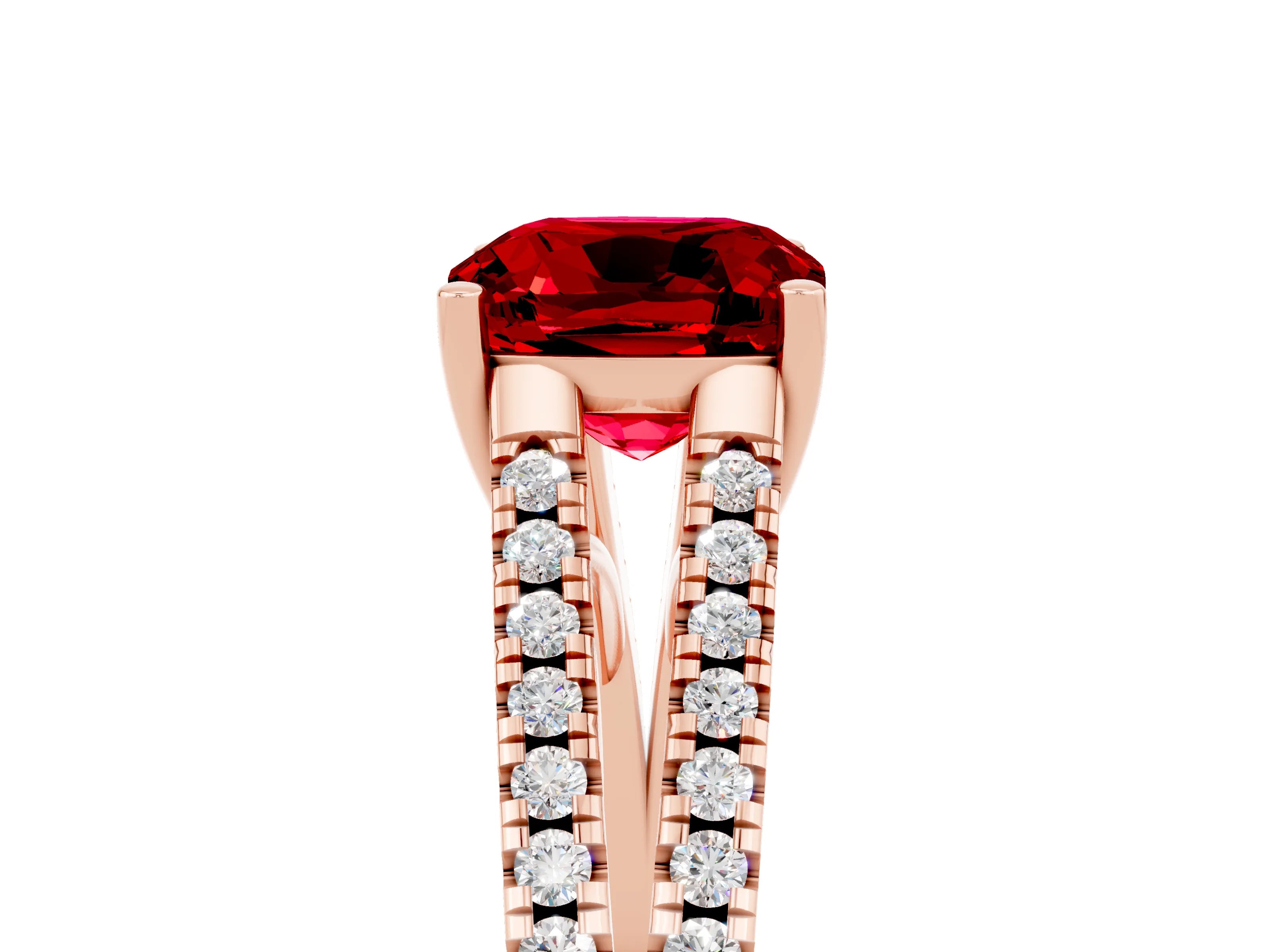 Rose gold Cushion Cut Ruby Solitaire Engagement Ring with Split Shank Pavé Band_5