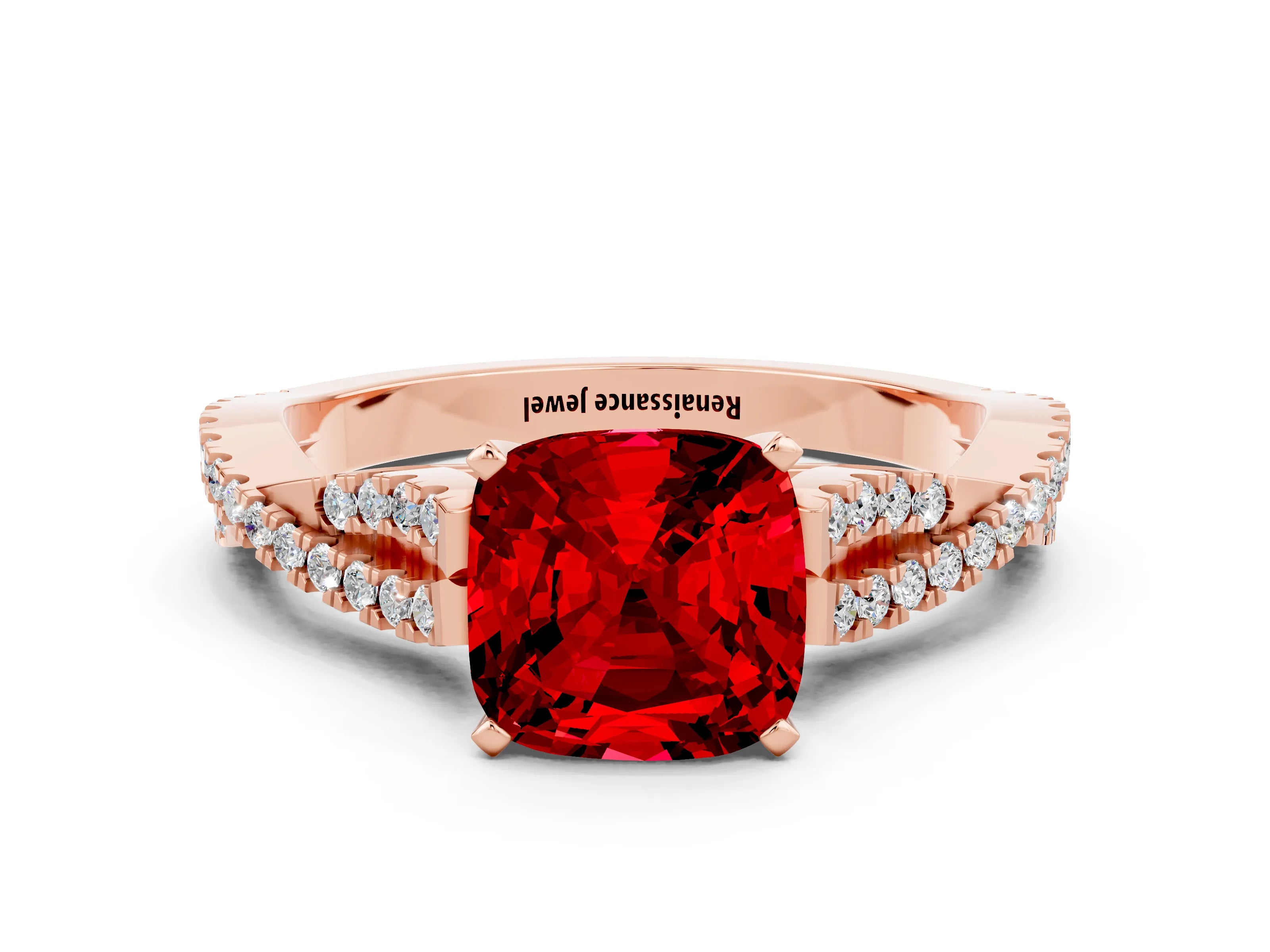 Rose gold Cushion Cut Ruby Solitaire Engagement Ring with Twisted Pavé Band and Four-Prong Setting_12