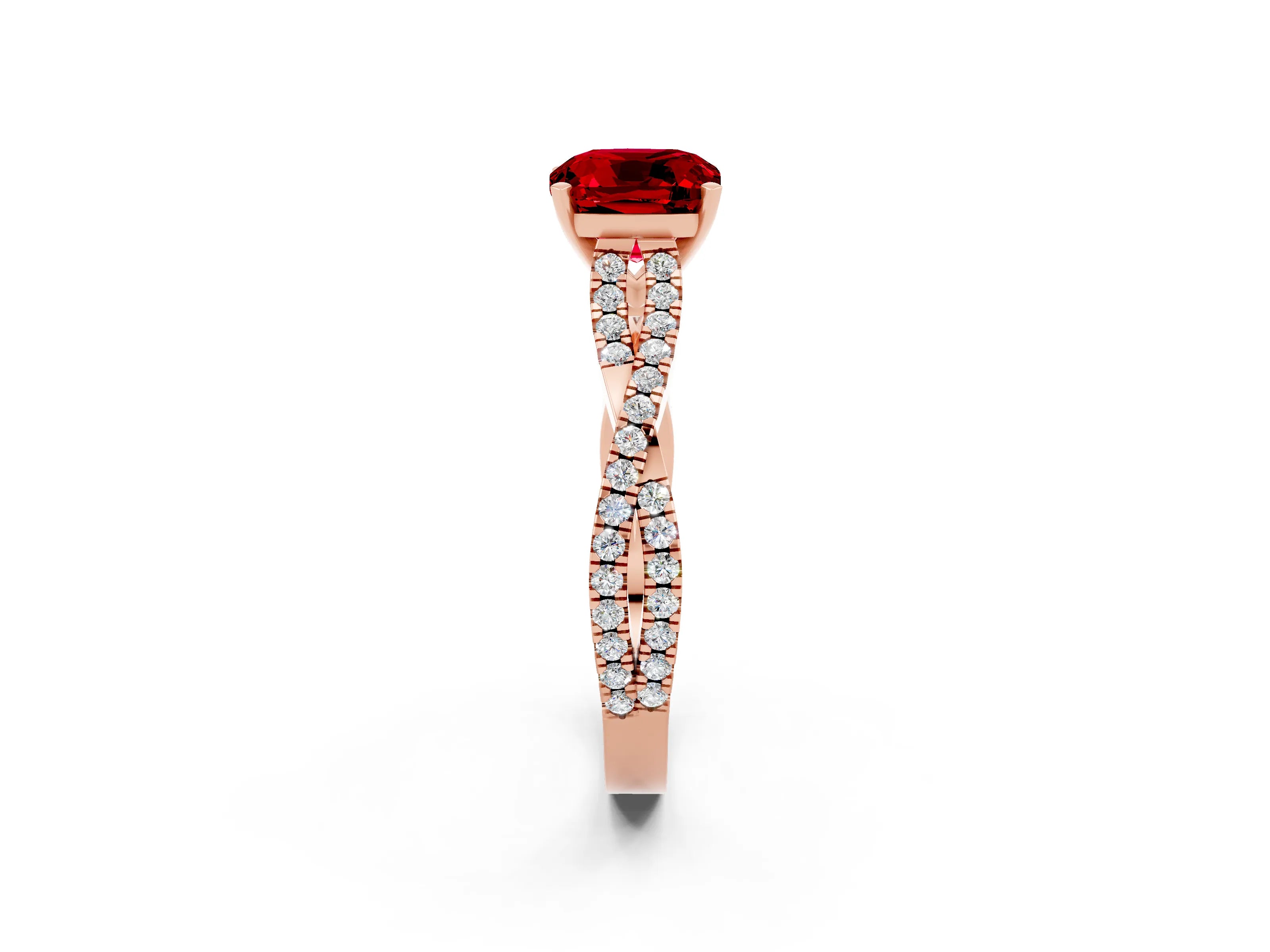 Rose gold Cushion Cut Ruby Solitaire Engagement Ring with Twisted Pavé Band and Four-Prong Setting_14