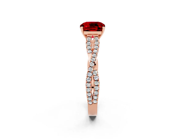 Rose gold Cushion Cut Ruby Solitaire Engagement Ring with Twisted Pavé Band and Four-Prong Setting