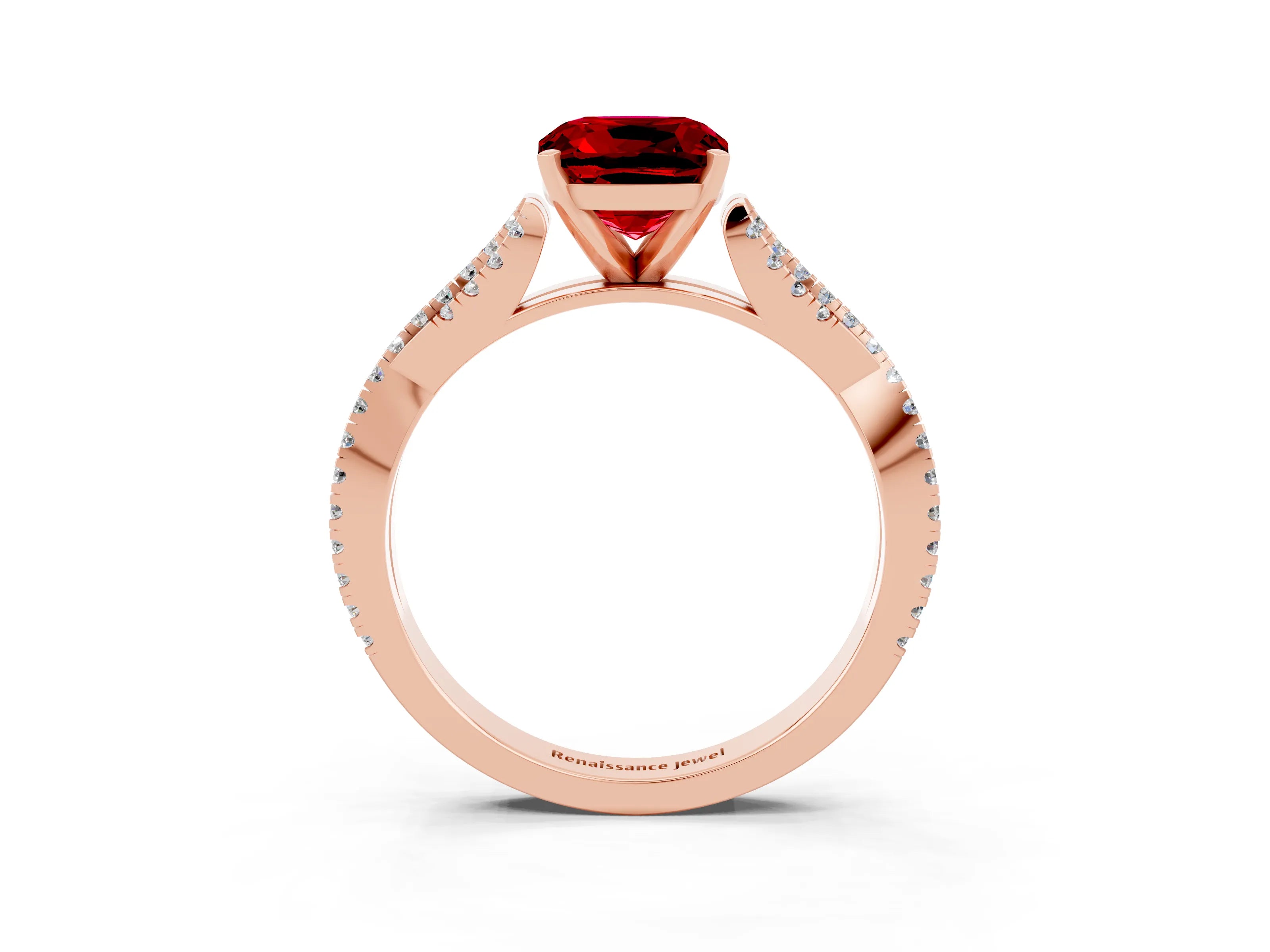 Rose gold Cushion Cut Ruby Solitaire Engagement Ring with Twisted Pavé Band and Four-Prong Setting_15