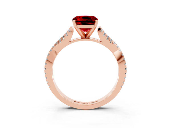 Rose gold Cushion Cut Ruby Solitaire Engagement Ring with Twisted Pavé Band and Four-Prong Setting