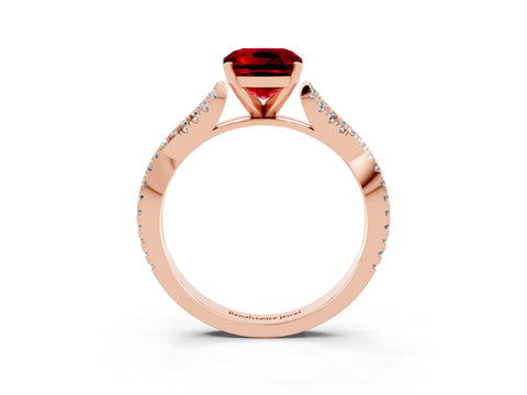 Rose gold Cushion Cut Ruby Solitaire Engagement Ring with Twisted Pavé Band and Four-Prong Setting_15