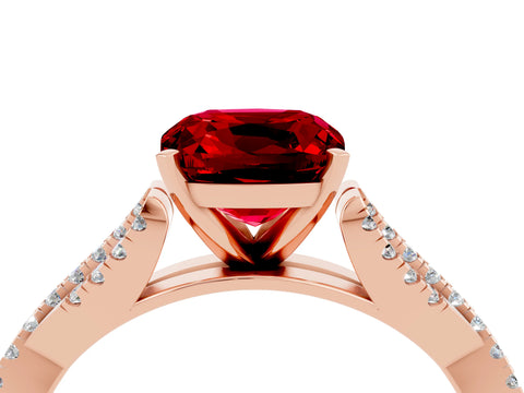 Rose gold Cushion Cut Ruby Solitaire Engagement Ring with Twisted Pavé Band and Four-Prong Setting_16
