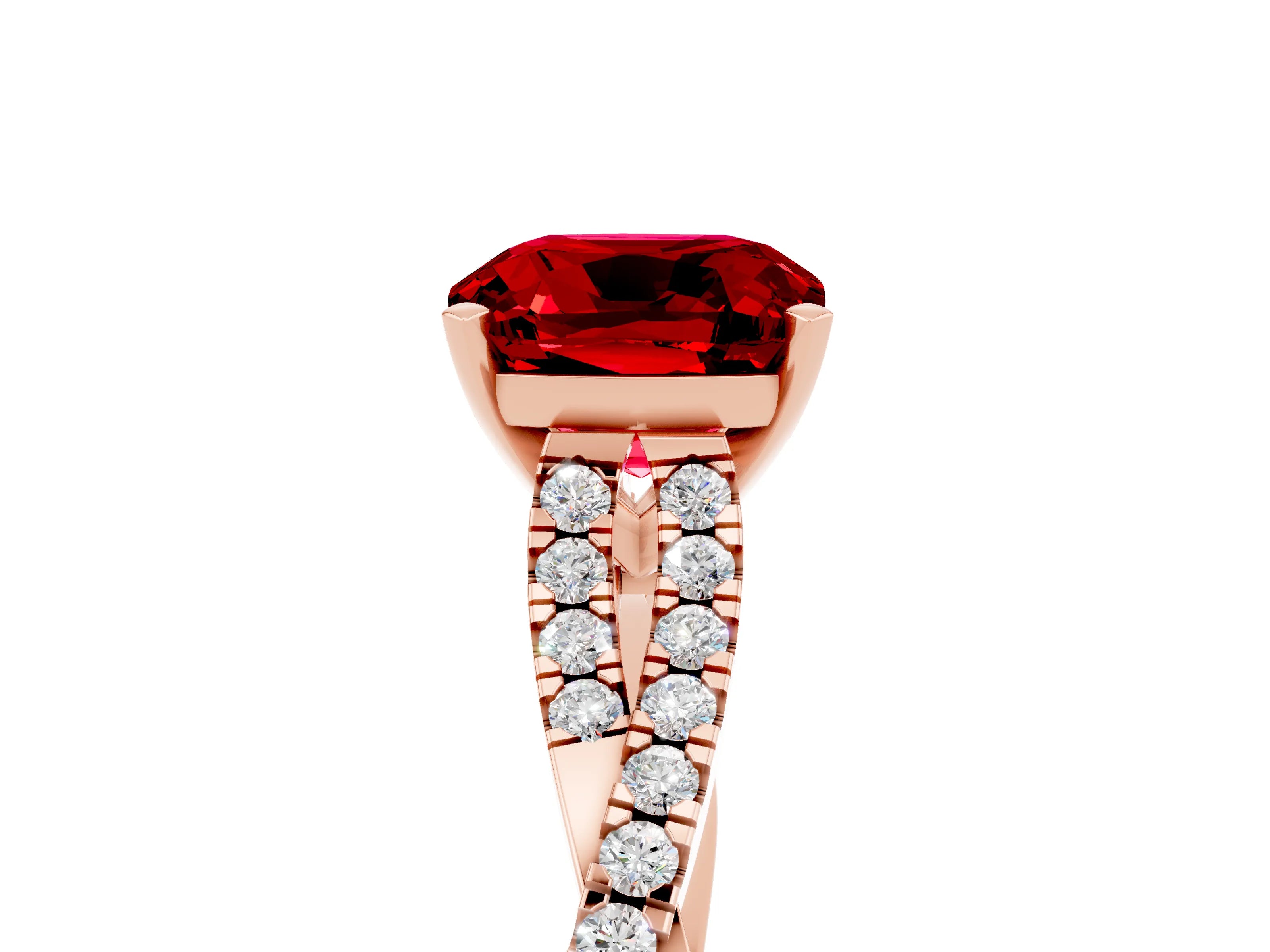 Rose gold Cushion Cut Ruby Solitaire Engagement Ring with Twisted Pavé Band and Four-Prong Setting_17