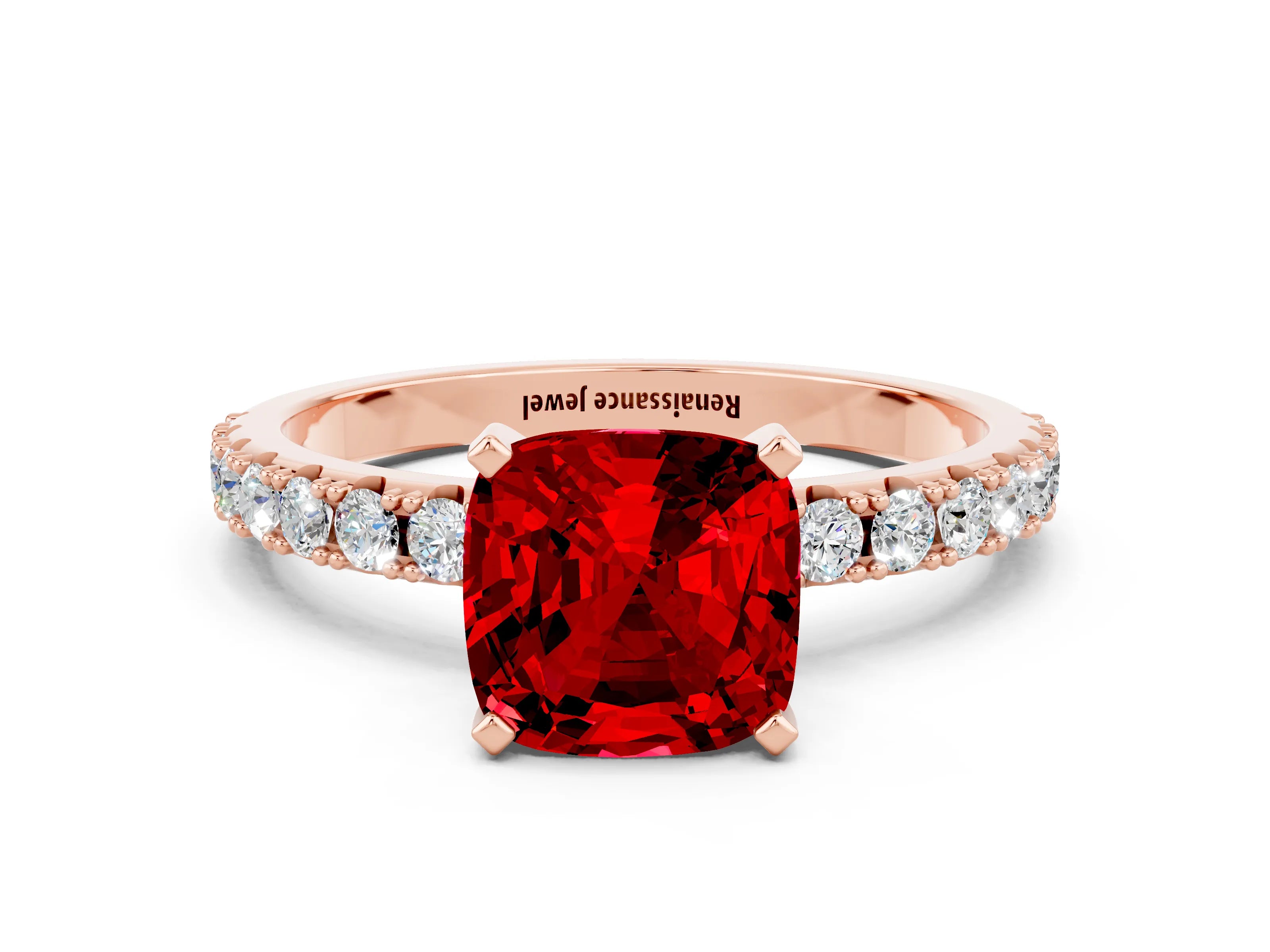 Rose gold Cushion Cut Ruby Solitaire Pavé Band with Four-Prong Setting