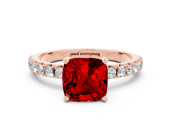 Rose gold Cushion Cut Ruby Solitaire Pavé Band with Four-Prong Setting