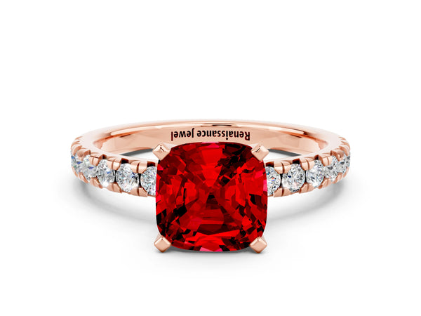 Rose gold Cushion Cut Ruby Solitaire Pavé Engagement Ring with Round Band and Prong Setting