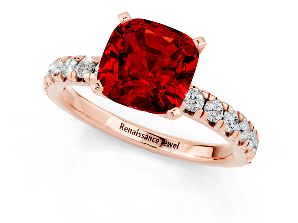 Rose gold Cushion Cut Ruby Solitaire Pavé Engagement Ring with Round Band and Prong Setting