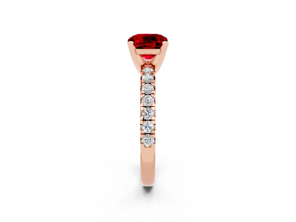 Rose gold Cushion Cut Ruby Solitaire Pavé Engagement Ring with Round Band and Prong Setting
