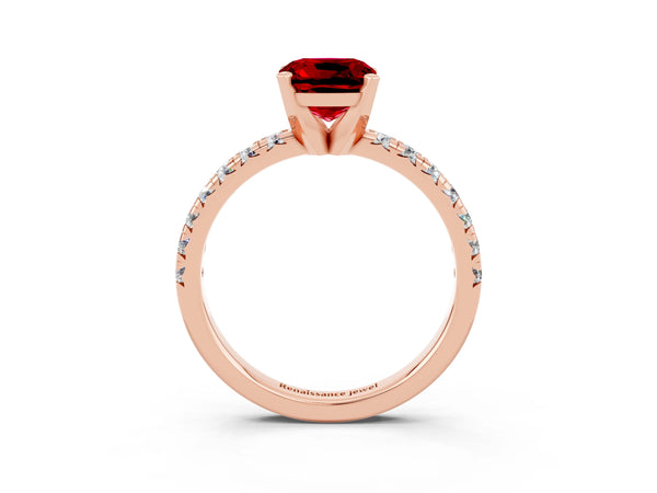Rose gold Cushion Cut Ruby Solitaire Pavé Engagement Ring with Round Band and Prong Setting