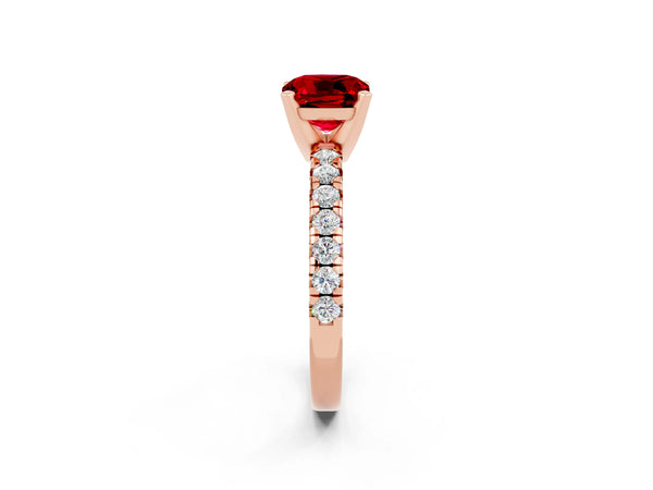 Rose Gold Cushion Cut Lab-Grown Ruby Solitaire Engagement Ring with Large Round Accent Band