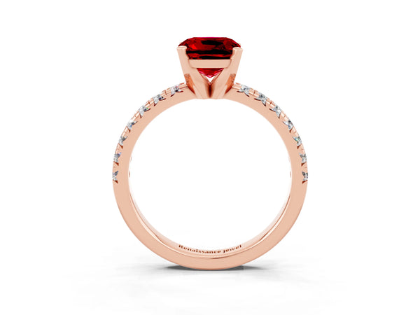 Rose Gold Cushion Cut Lab-Grown Ruby Solitaire Engagement Ring with Large Round Accent Band