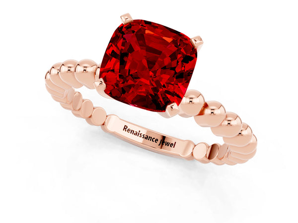 Rose gold Cushion Cut Ruby Solitaire Ring with Beaded Band and Prong Setting