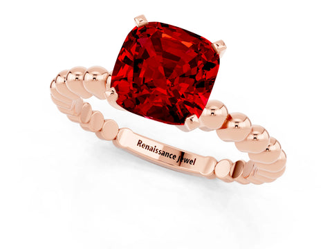 Rose gold Cushion Cut Ruby Solitaire Ring with Beaded Band and Prong Setting_1