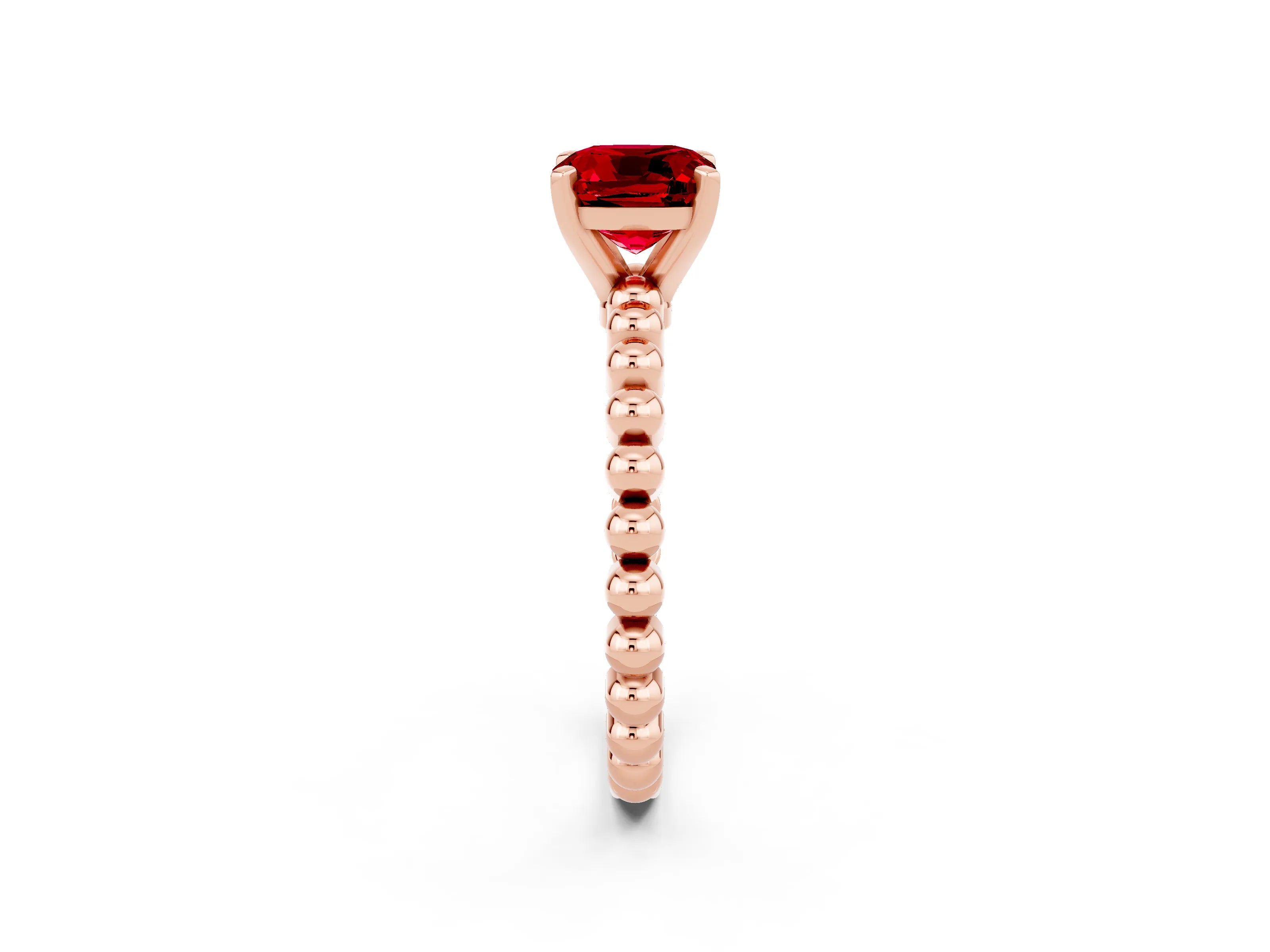 Rose gold Cushion Cut Ruby Solitaire Ring with Beaded Band and Prong Setting_2