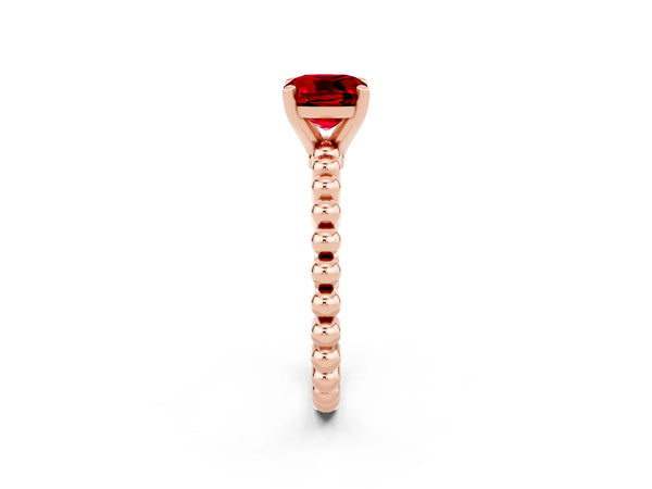 Rose gold Cushion Cut Ruby Solitaire Ring with Beaded Band and Prong Setting