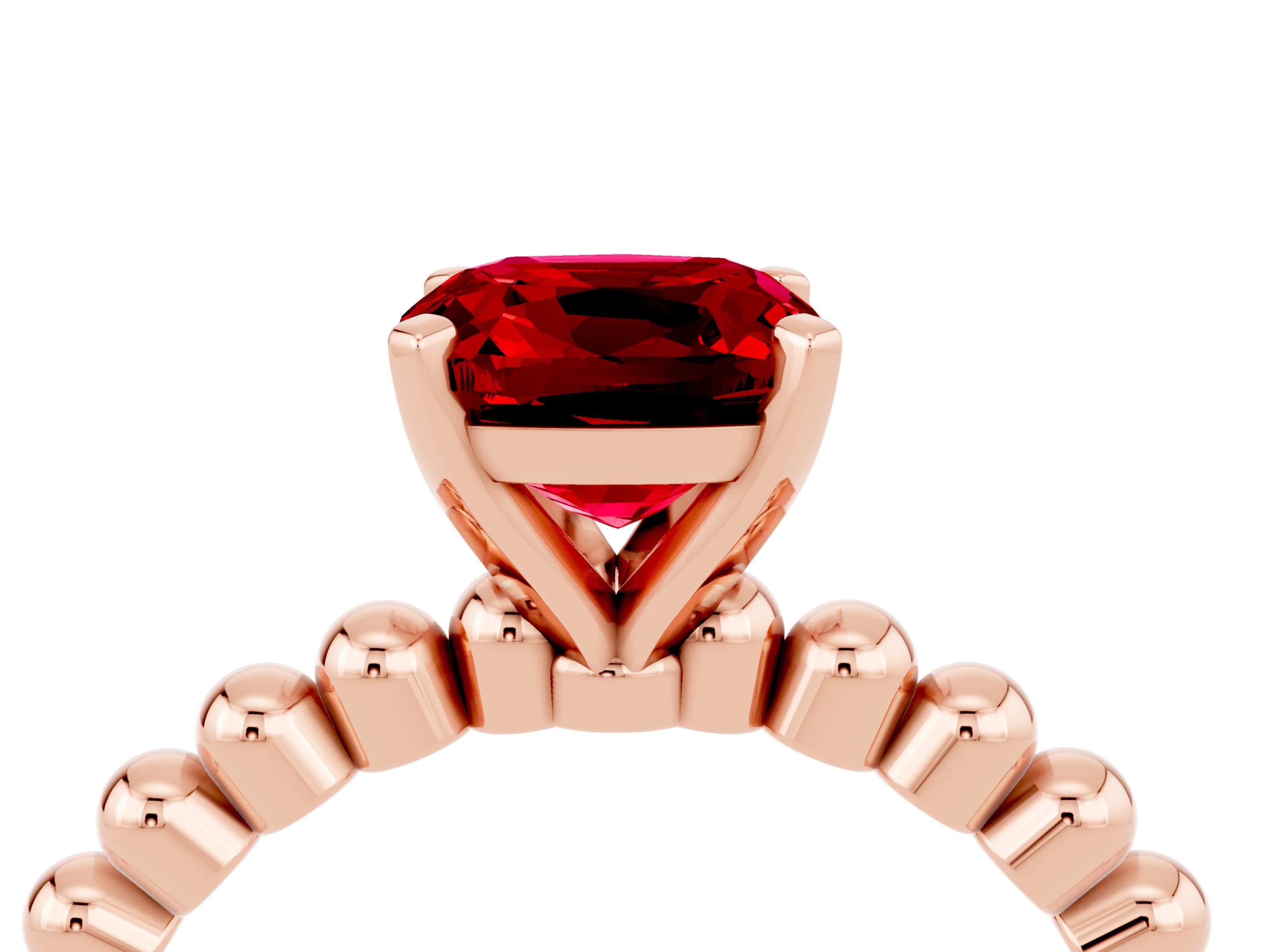 Rose gold Cushion Cut Ruby Solitaire Ring with Beaded Band and Prong Setting_4