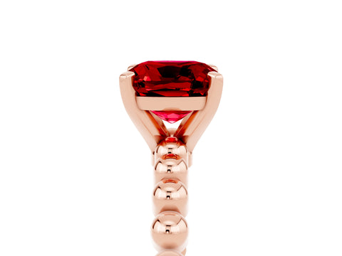 Rose gold Cushion Cut Ruby Solitaire Ring with Beaded Band and Prong Setting_5