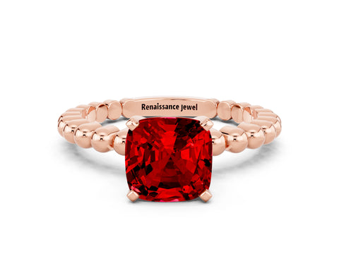 Rose gold Cushion Cut Ruby Solitaire Ring with Beaded Band and Prong Setting
