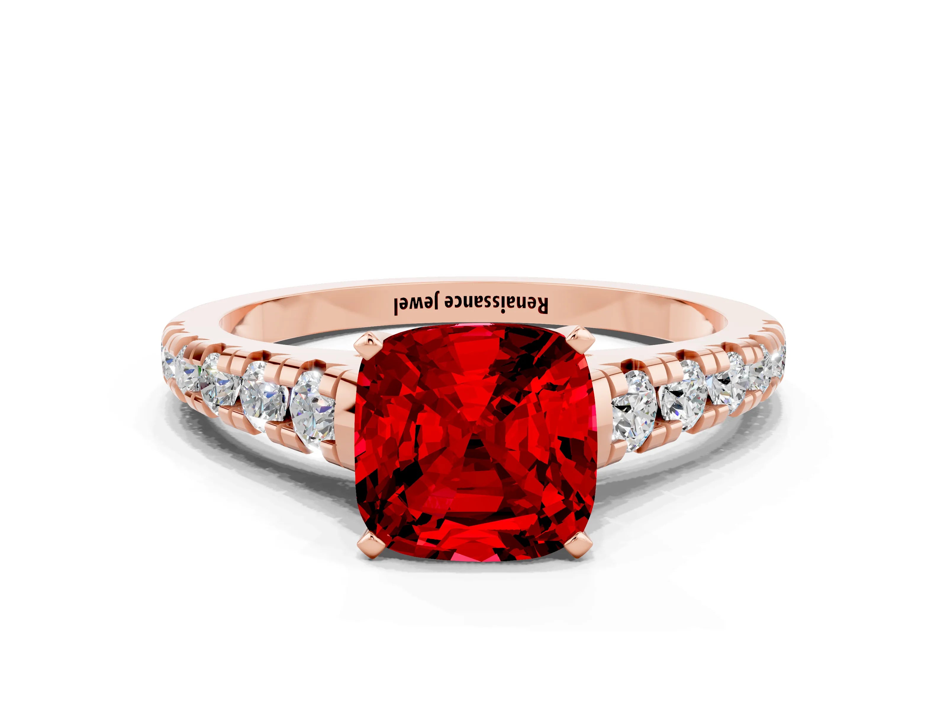 Rose gold Cushion Cut Ruby Solitaire Ring with Cathedral Setting and Pavé Band