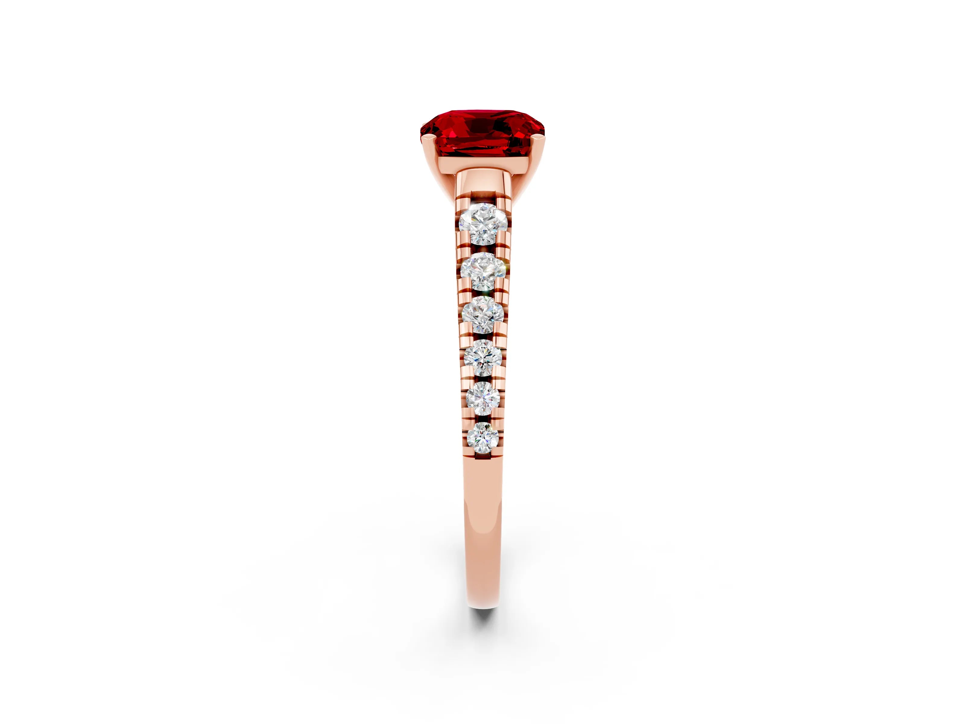 Rose gold Cushion Cut Ruby Solitaire Ring with Cathedral Setting and Pavé Band_2