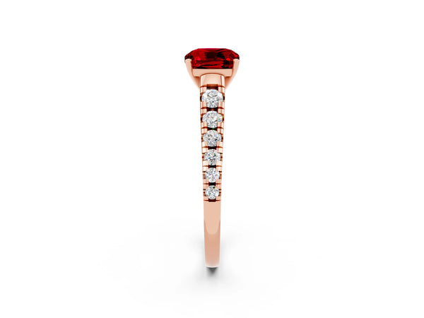 Rose gold Cushion Cut Ruby Cathedral Solitaire Ring with Round  Pavé Band