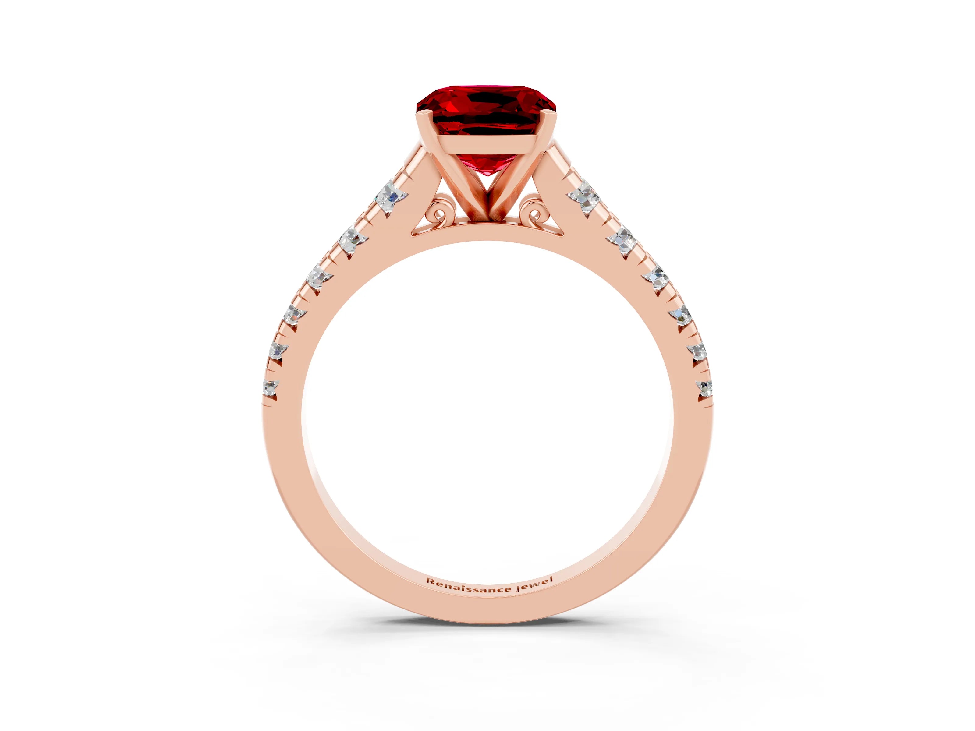 Rose gold Cushion Cut Ruby Solitaire Ring with Cathedral Setting and Pavé Band_3