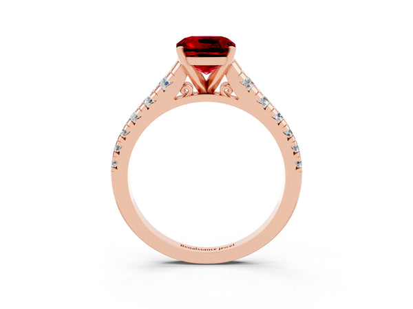 Rose gold Cushion Cut Ruby Cathedral Solitaire Ring with Round  Pavé Band