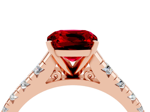Rose gold Cushion Cut Ruby Solitaire Ring with Cathedral Setting and Pavé Band_4