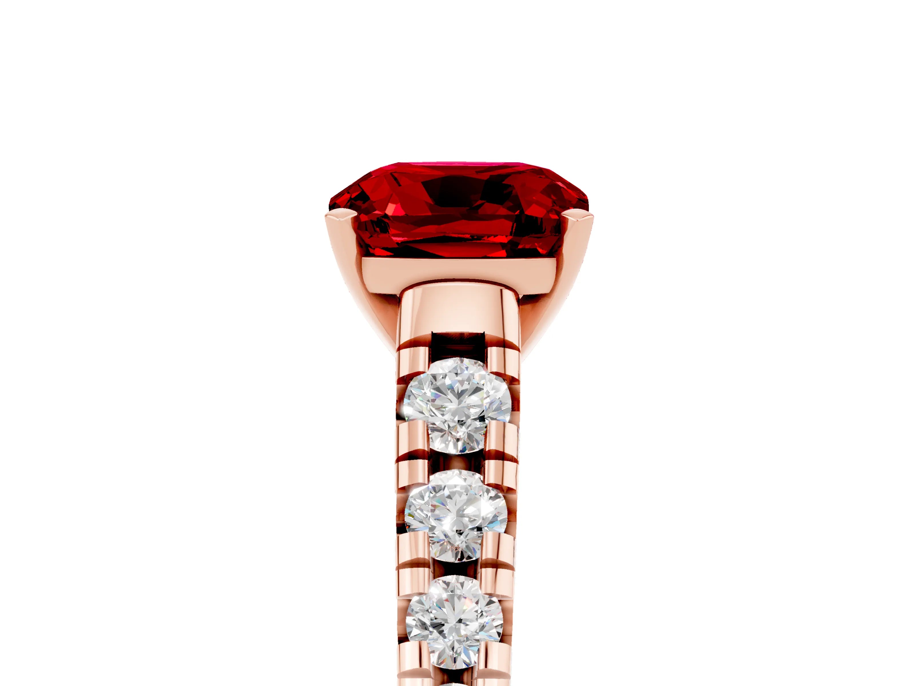 Rose gold Cushion Cut Ruby Solitaire Ring with Cathedral Setting and Pavé Band_5