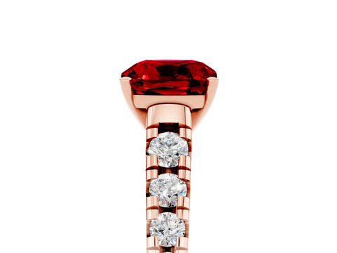 Rose gold Cushion Cut Ruby Solitaire Ring with Cathedral Setting and Pavé Band_5