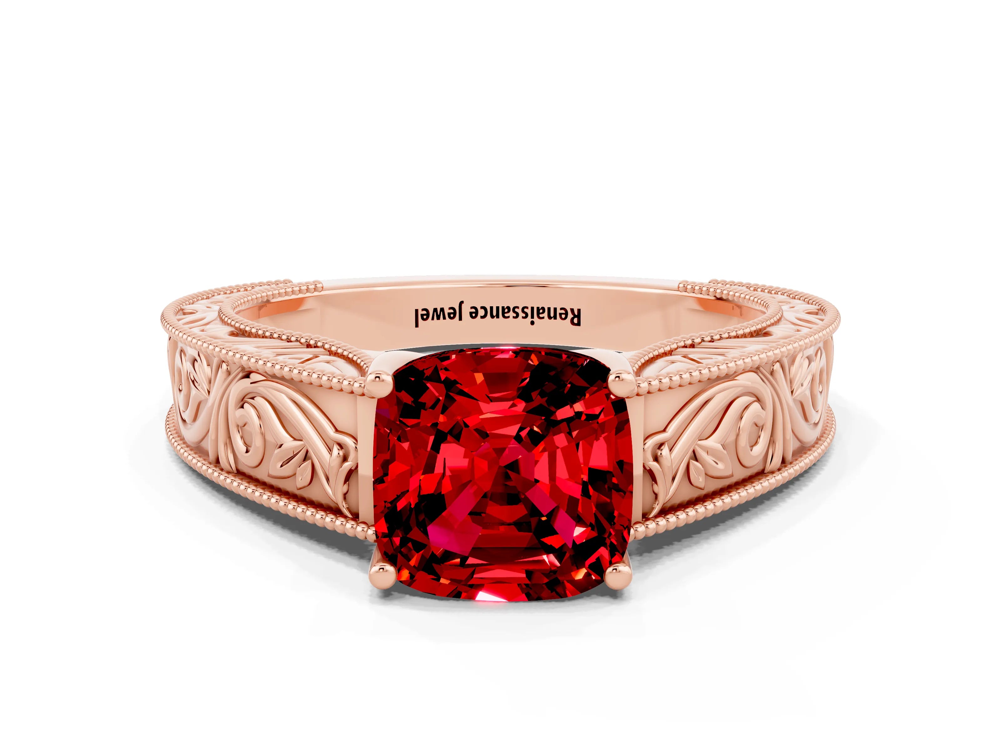 Rose gold Cushion Cut Ruby Solitaire Ring with Engraved Band and Four-Prong Setting