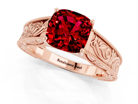 Rose gold Cushion Cut Ruby Solitaire Ring with Engraved Band and Four-Prong Setting_1