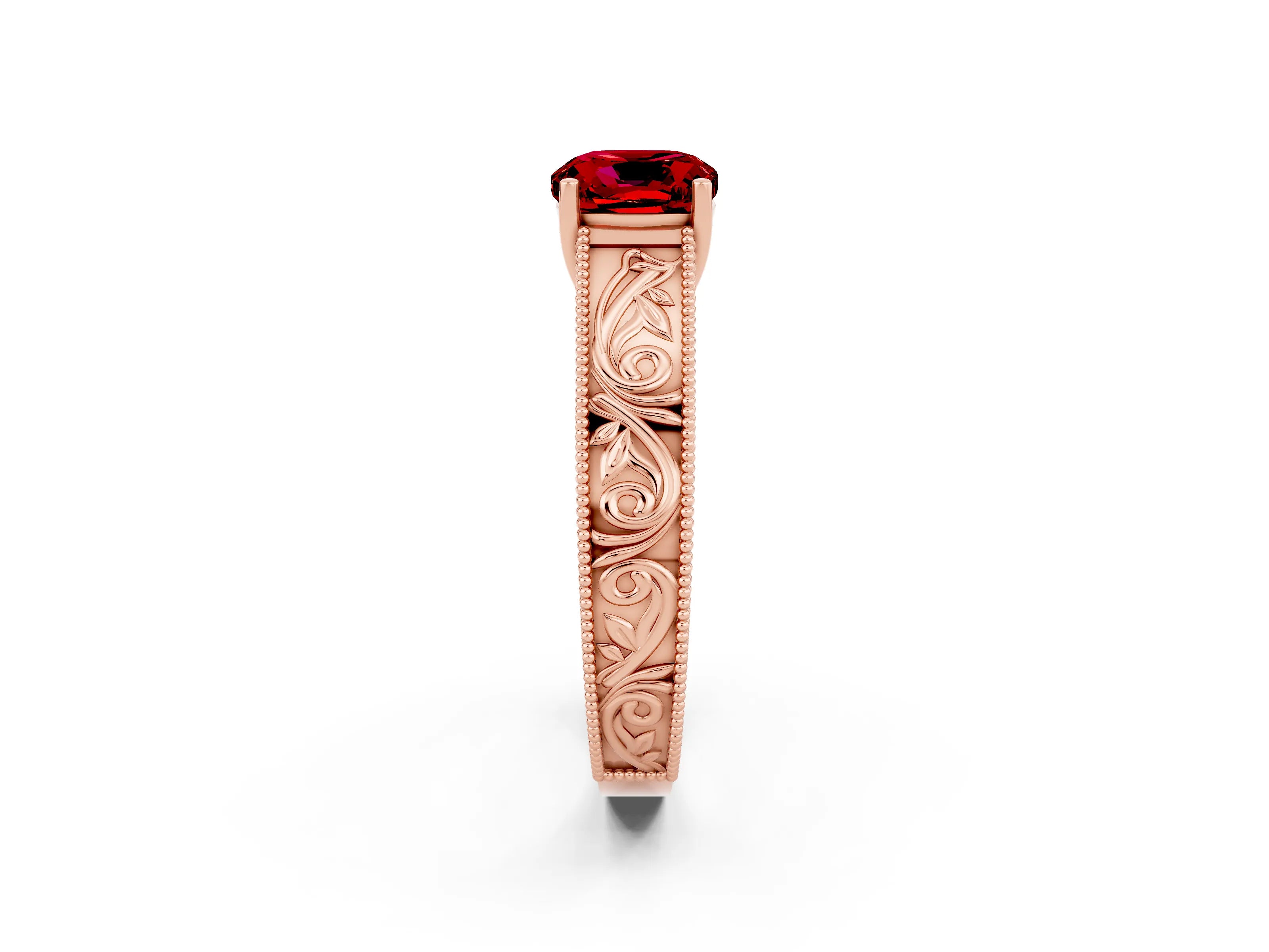 Rose gold Cushion Cut Ruby Solitaire Ring with Engraved Band and Four-Prong Setting_2