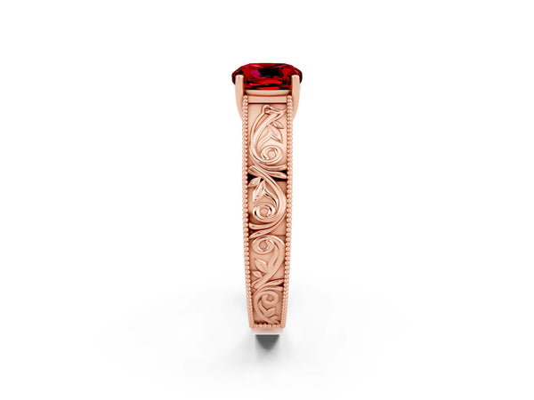 Rose gold Cushion Cut Ruby Solitaire Ring with Engraved Band and Four-Prong Setting