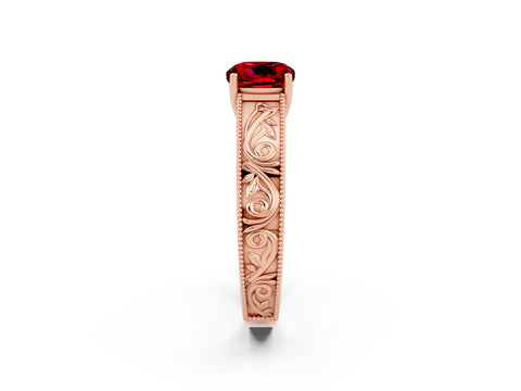Rose gold Cushion Cut Ruby Solitaire Ring with Engraved Band and Four-Prong Setting_2