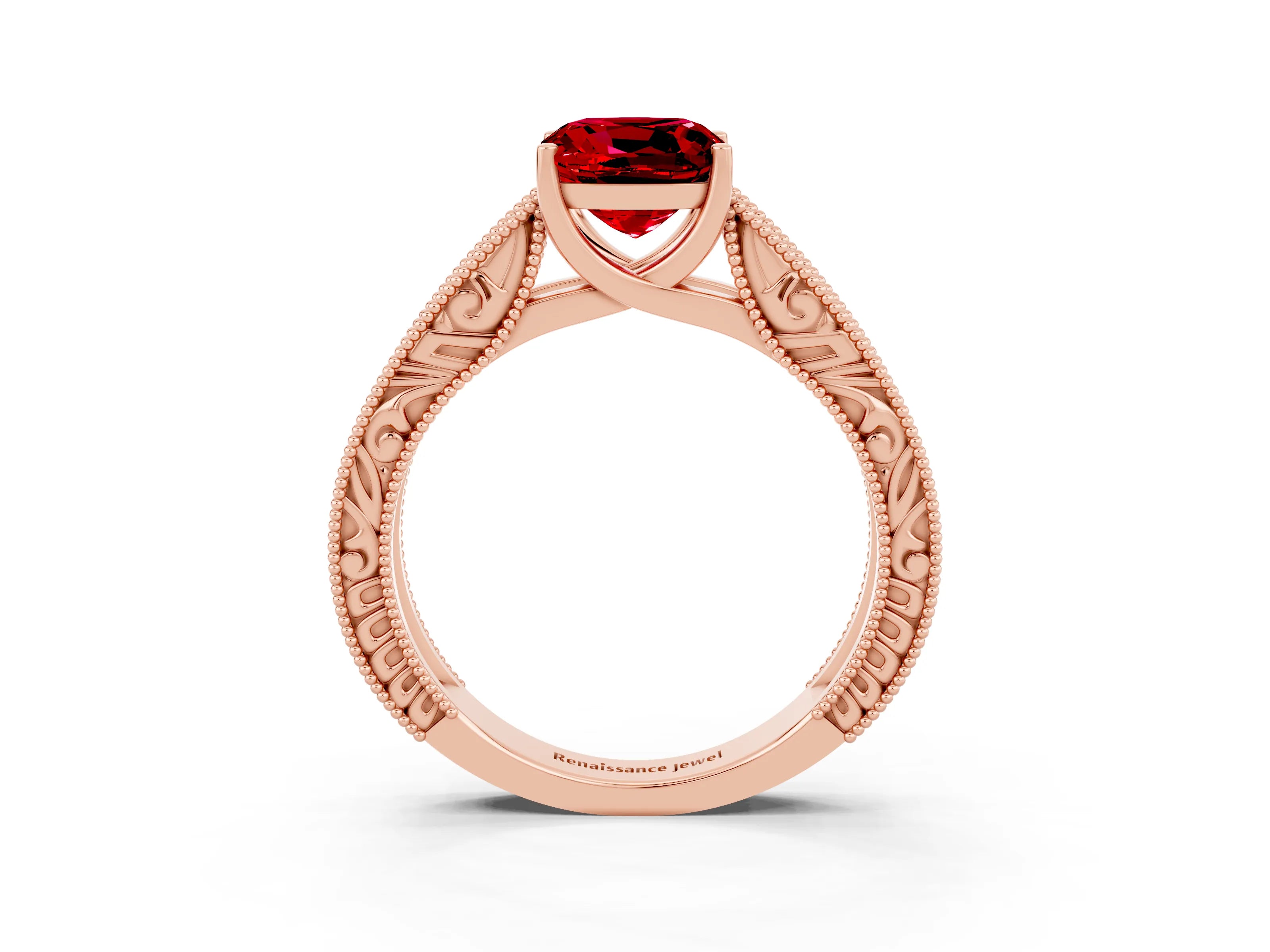 Rose gold Cushion Cut Ruby Solitaire Ring with Engraved Band and Four-Prong Setting_3