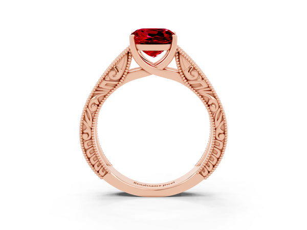 Rose gold Cushion Cut Ruby Solitaire Ring with Engraved Band and Four-Prong Setting