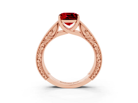 Rose gold Cushion Cut Ruby Solitaire Ring with Engraved Band and Four-Prong Setting_3