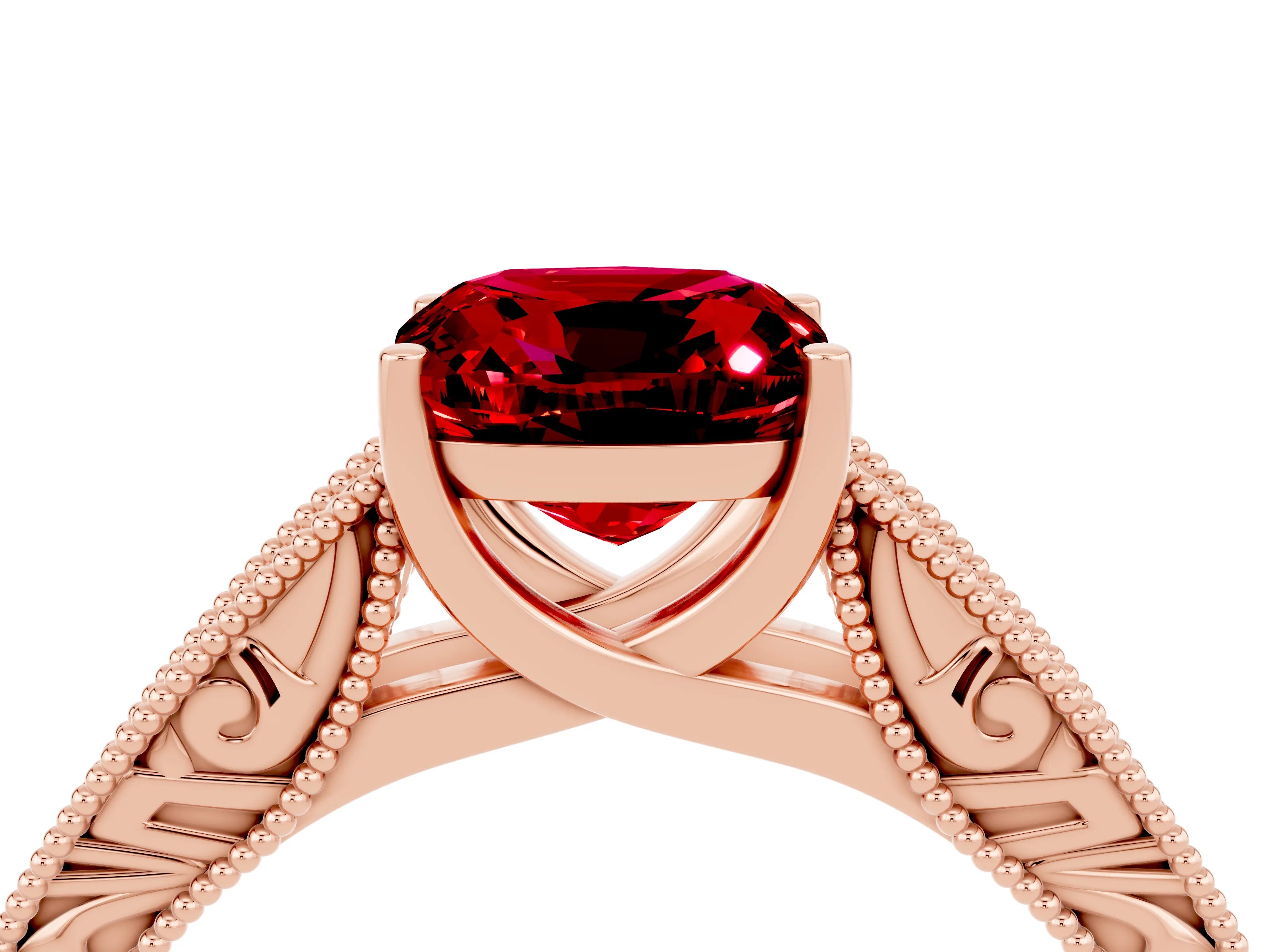 Rose gold Cushion Cut Ruby Solitaire Ring with Engraved Band and Four-Prong Setting_4