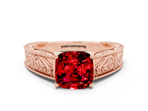 Rose gold Cushion Cut Ruby Solitaire Ring with Engraved Band and Four-Prong Setting