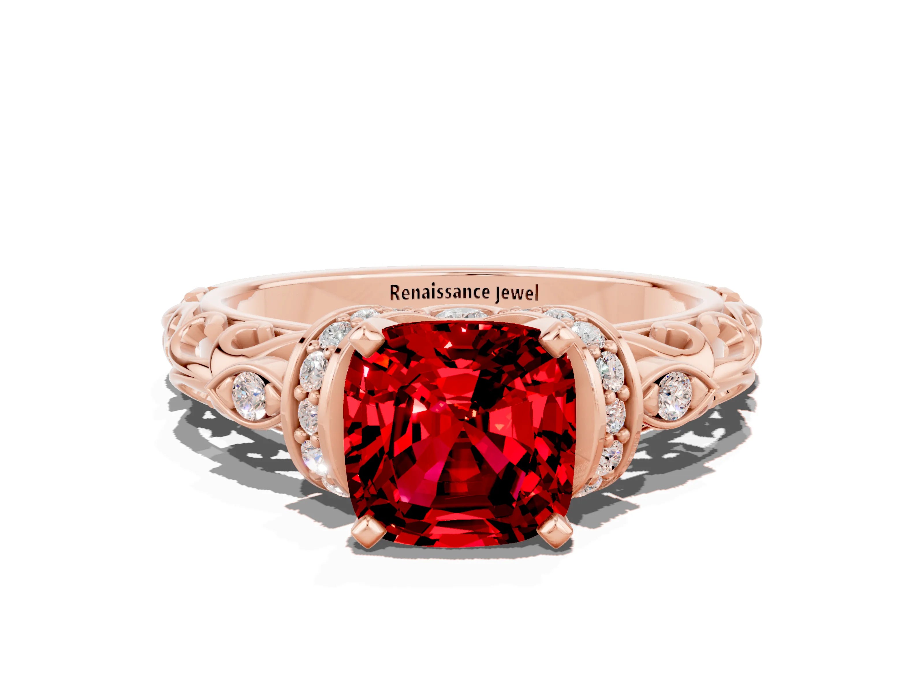 Rose gold Cushion Cut Ruby Solitaire Ring with Filigree Band and Four-Prong Setting_24