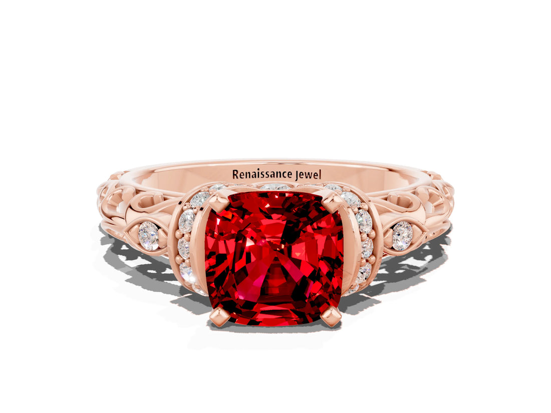 Rose gold Cushion Cut Ruby Solitaire Ring with Filigree Band and Four-Prong Setting_24